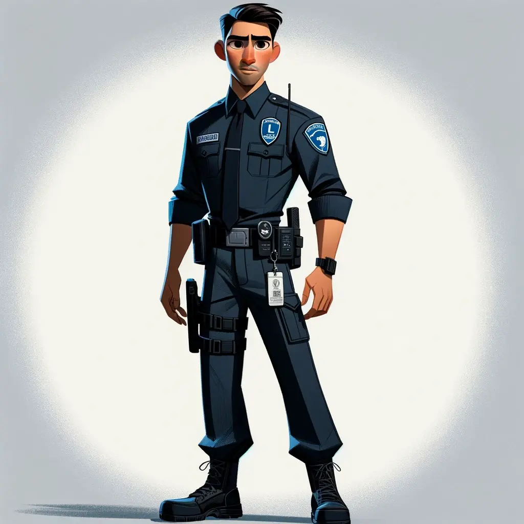 Dall e 2024 02 08 00 07 58 imagine a male security guard working for a company named lrsecurite he is dressed in a professional security uniform that includes a dark blue or 